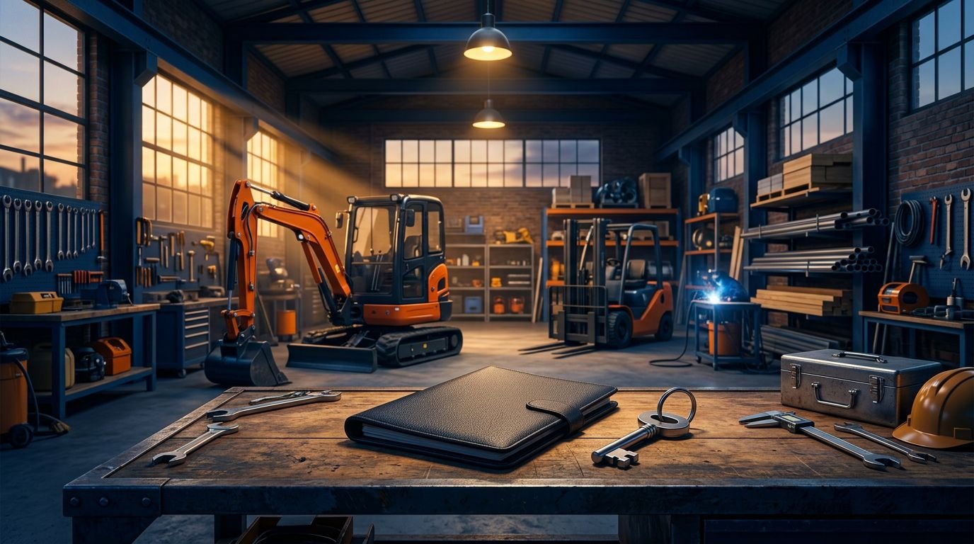 Excavators and organized supplies surround a workbench with a leather folder and metal key.