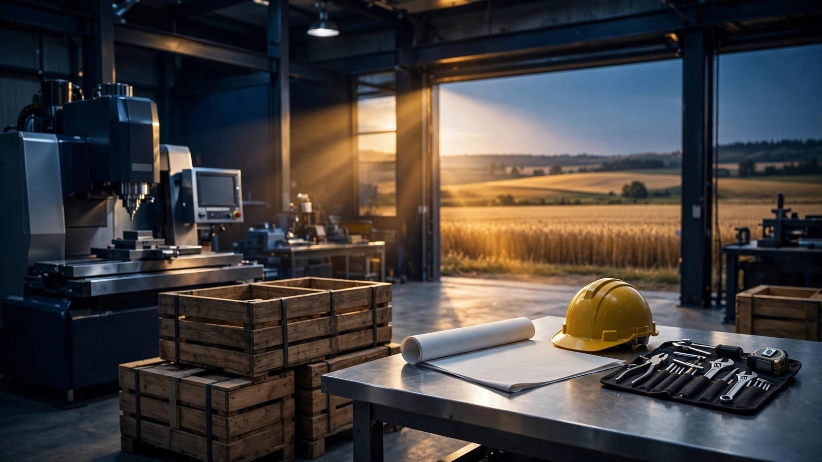Industrial equipment and shipping crates sit beside a worktable near open grain fields.