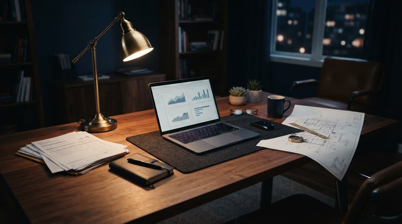 A desk with financial papers, a laptop, and a blueprint under warm lamp light.