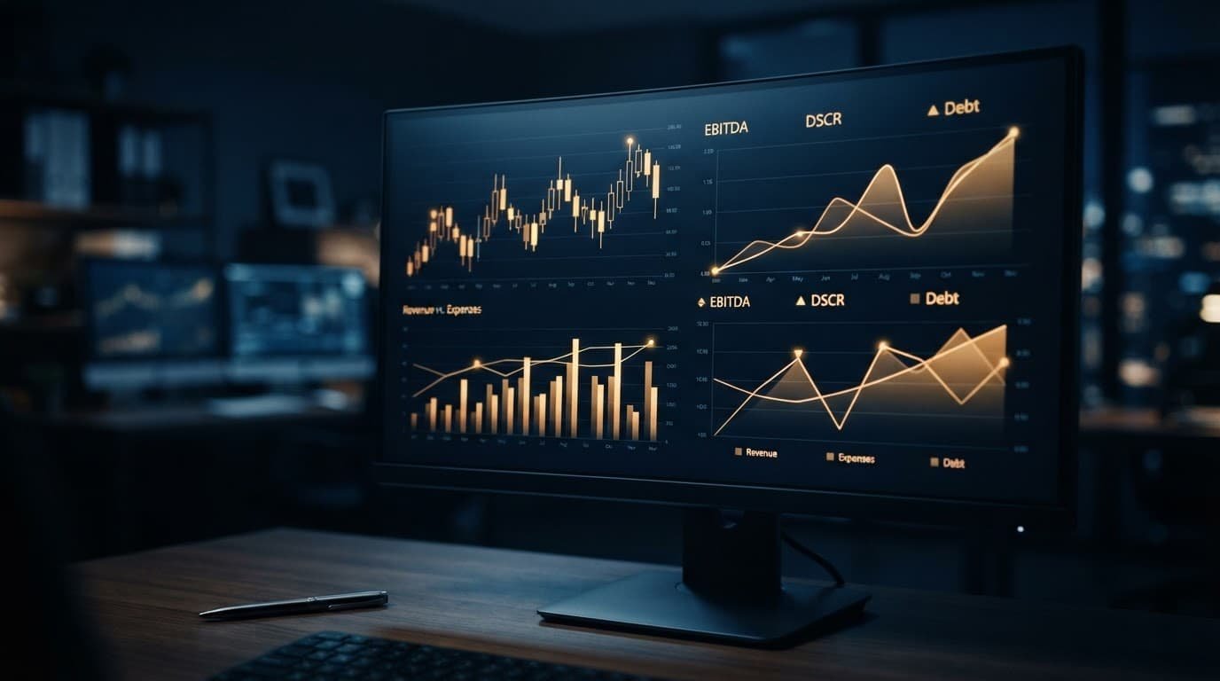 Dark monitor showing financial charts with navy shadows and amber highlights.