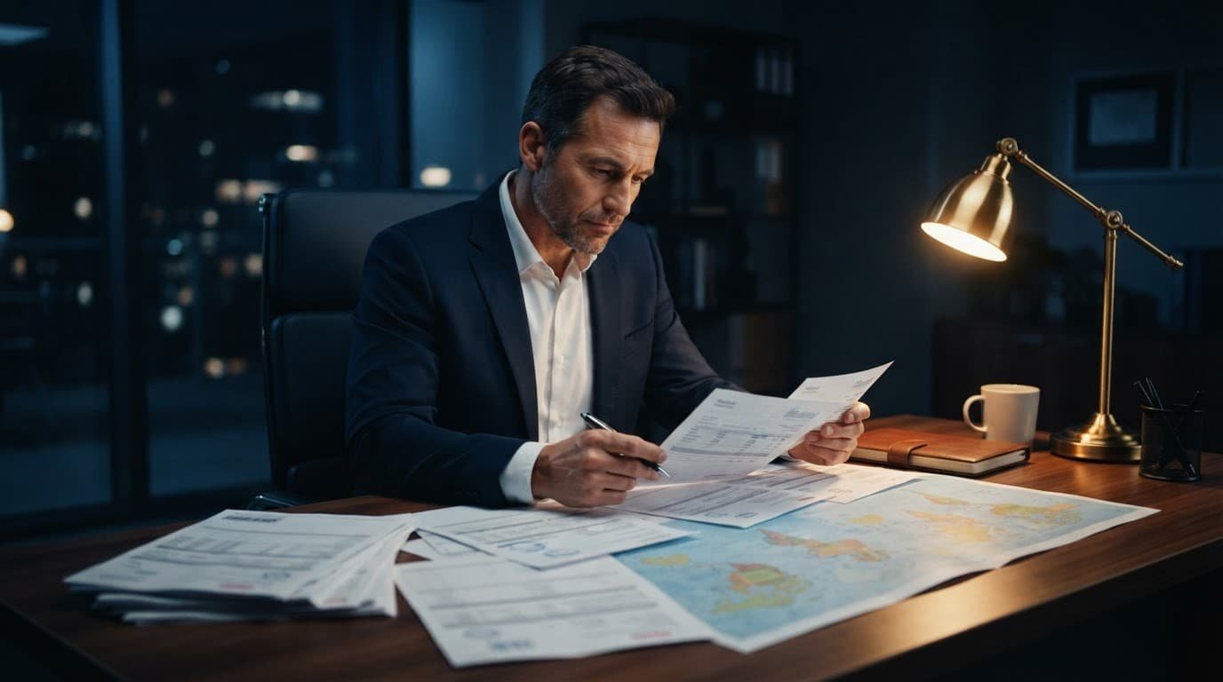 An executive reviews shipping documents at a dark wood desk under a warm lamp.
