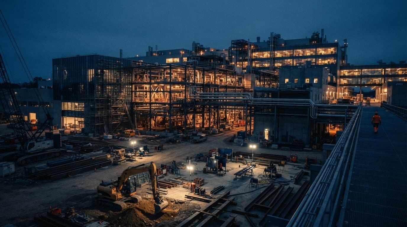 Industrial construction site with machinery, warm lights, and one distant worker.