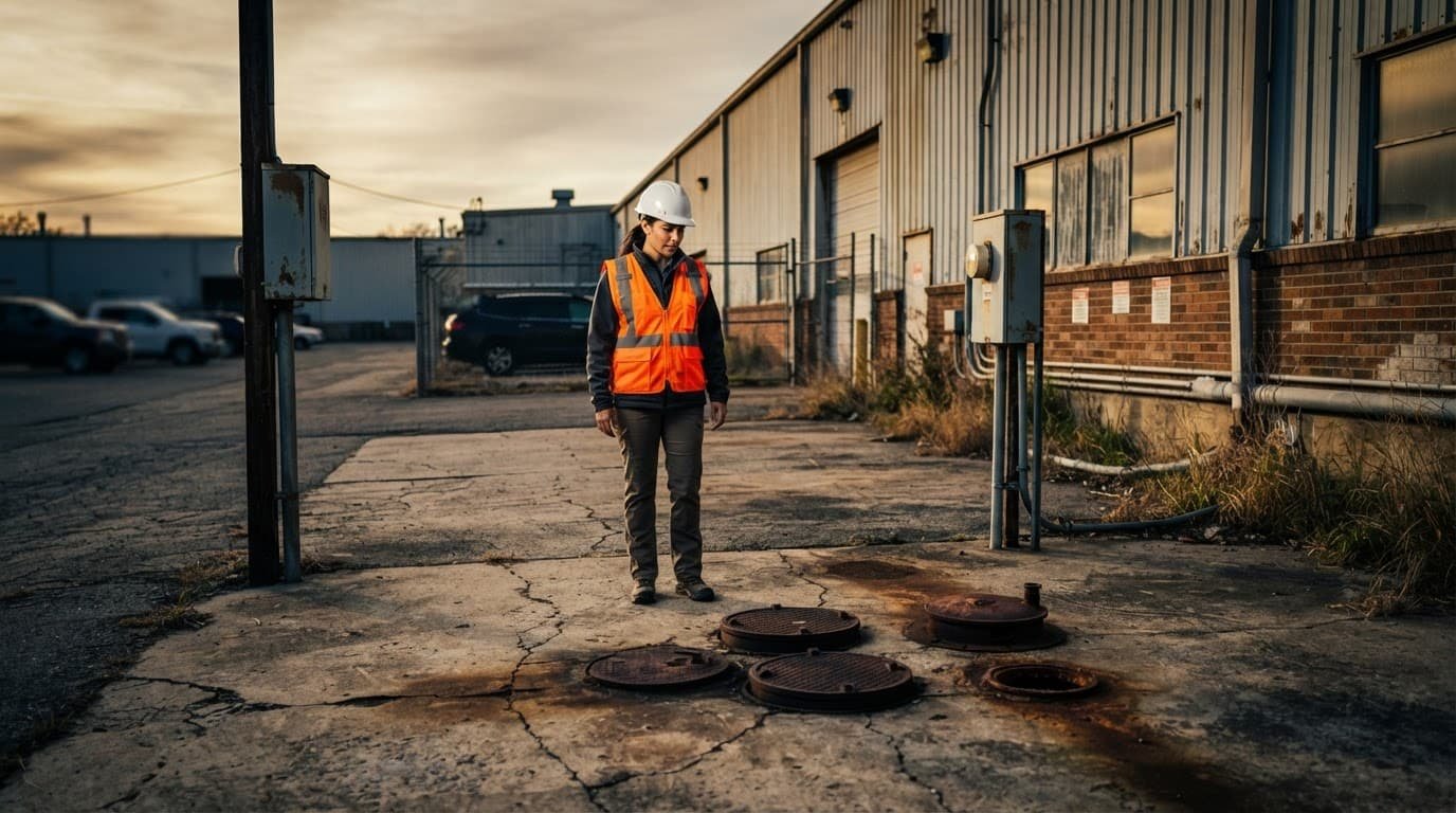 An environmental professional observes an older tank access area near a warehouse and monitoring wells.