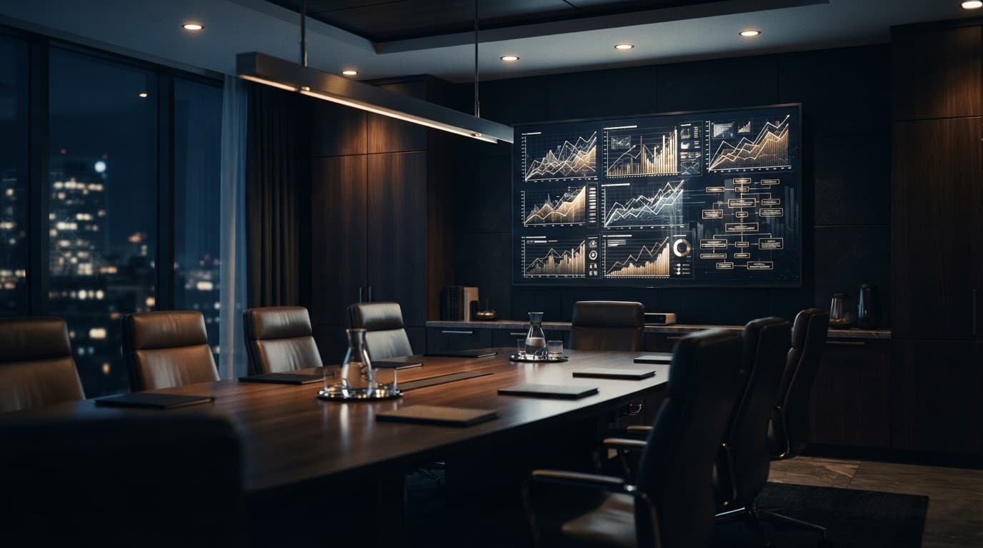 Modern law firm meeting room with strategy charts on a screen and warm lighting.