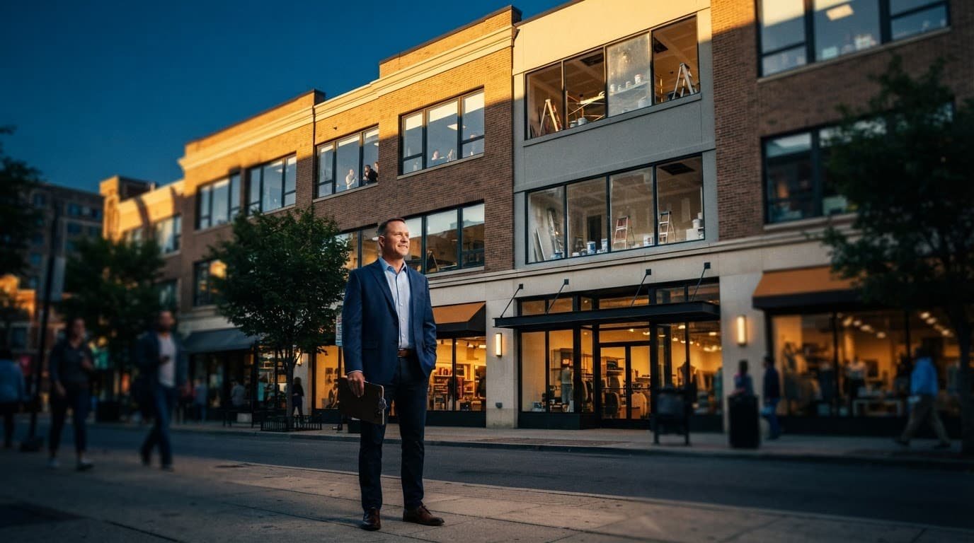 A property owner inspects a mixed-use building beside a partially renovated suite.