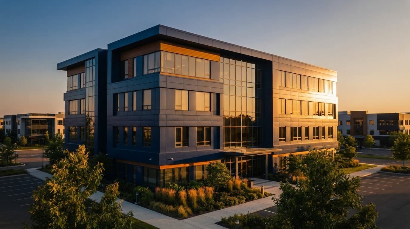 Modern office building glowing in warm sunlight with deep blue shadows.