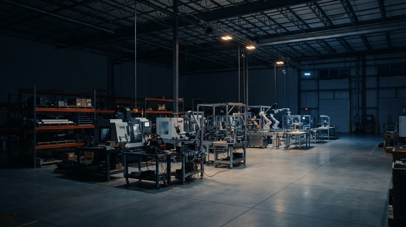 Clean warehouse interior with industrial equipment under warm amber lights.