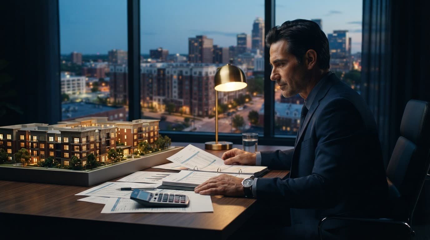 An investor reviews papers beside a calculator and apartment building model.