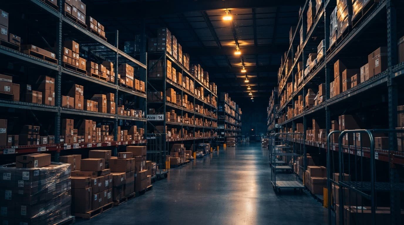 Organized warehouse shelves and shipping boxes under warm lights and deep blue shadows.