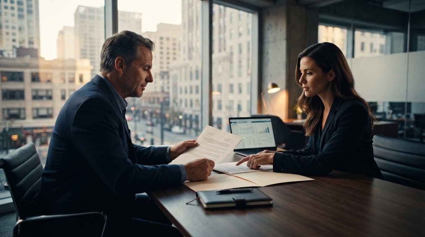 Property owner and advisor review loan papers at a conference table.