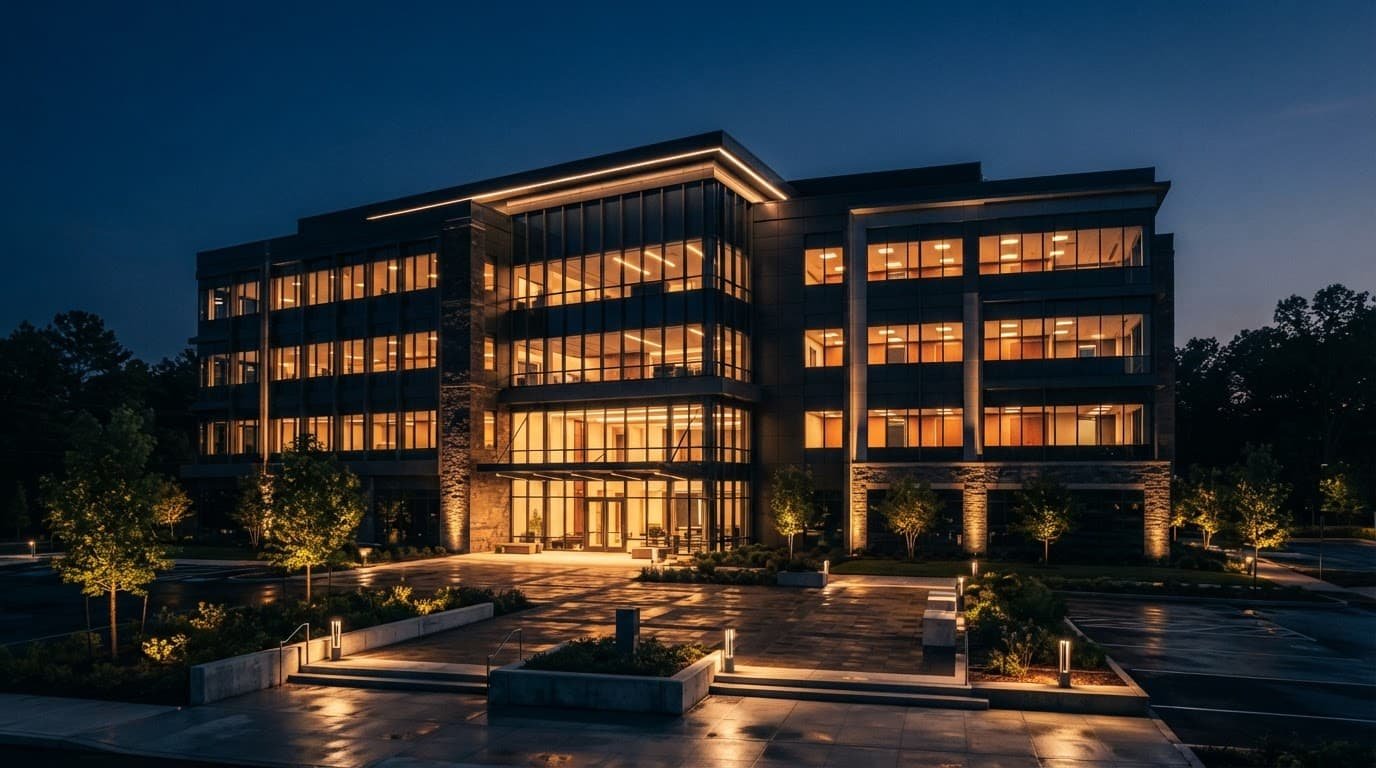 A modern commercial building with glowing windows at dusk.