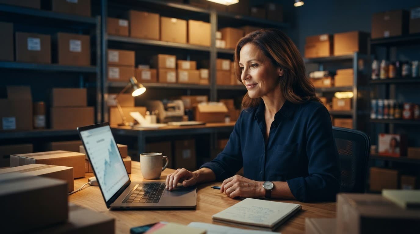 A retail owner reviews a laptop beside inventory boxes in a small warehouse.