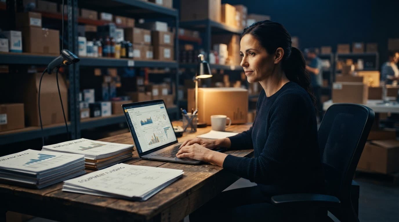A business owner reviews a laptop beside organized shelves and separate financial document stacks.