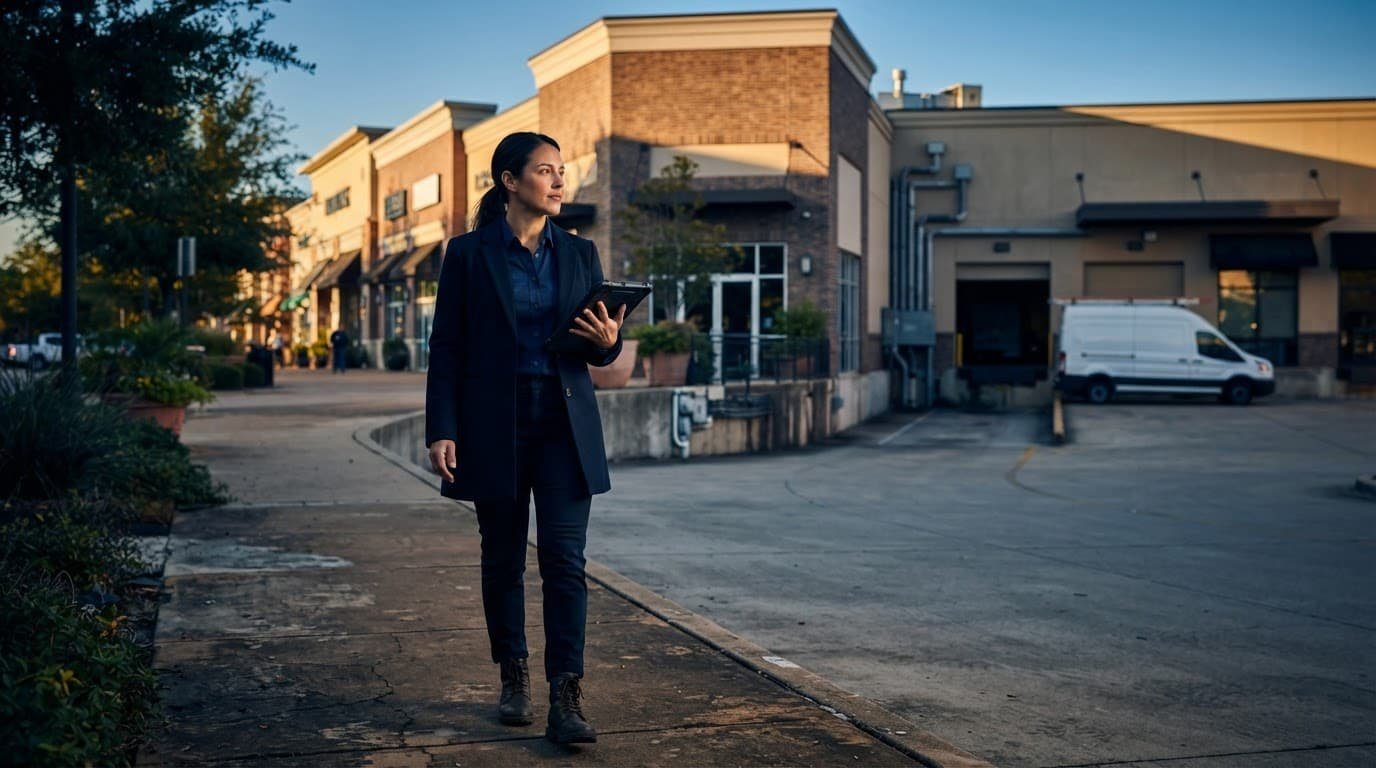 A property manager inspects a retail plaza with a tablet beside storefronts and loading access.