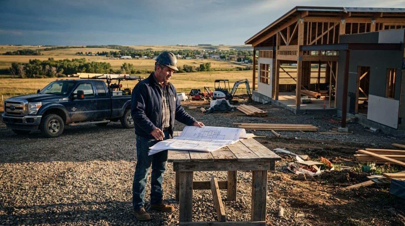A business owner surveys a timber-framed building and pickup truck in a rural field.