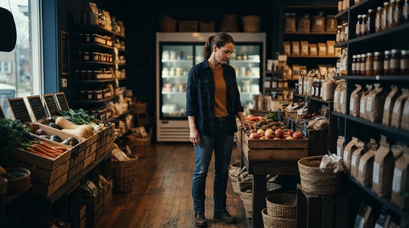 A shop owner stands beside produce crates and stocked shelves in a warmly lit rural store.