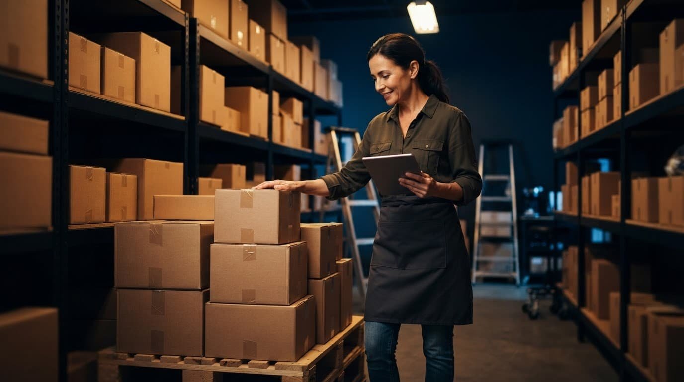 Business owner checks packed inventory boxes with a tablet in a small warehouse.