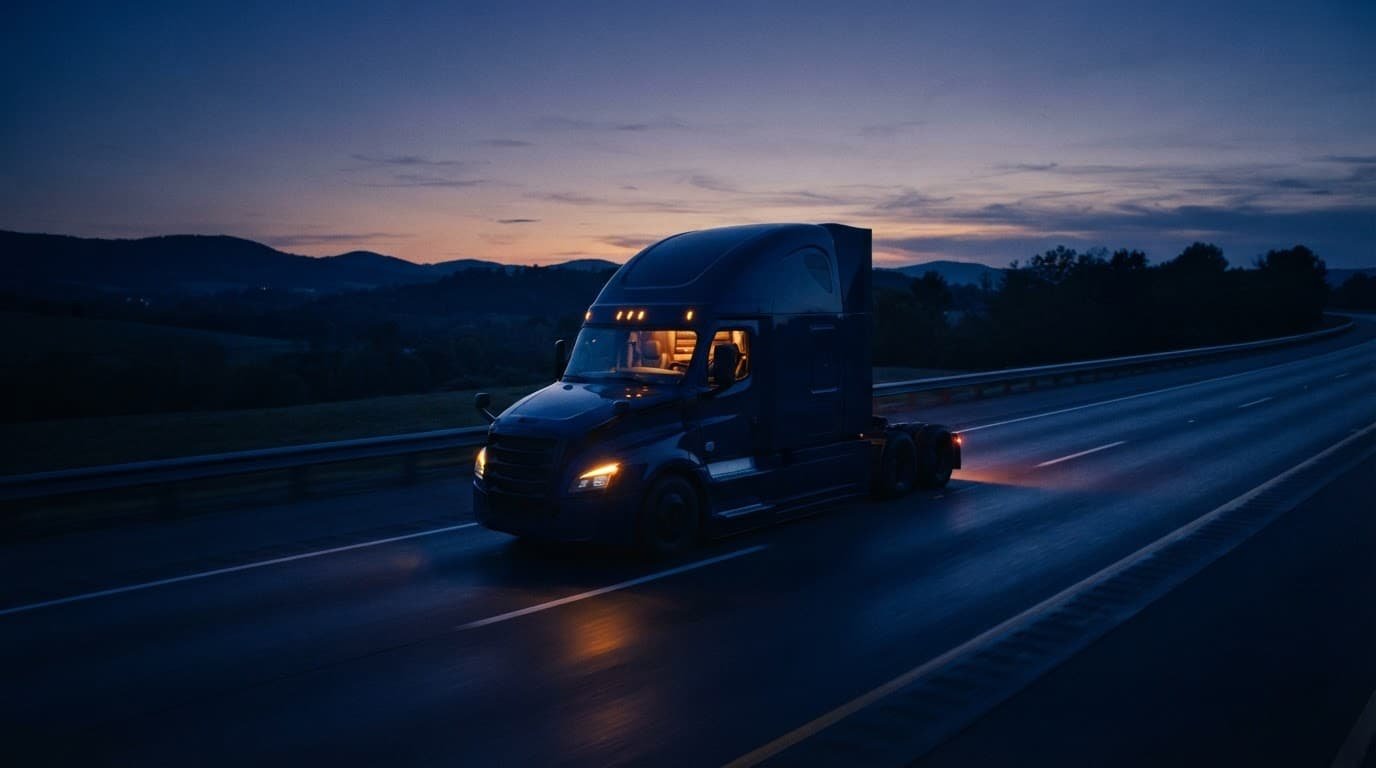 A modern semi-truck driving on a highway at dusk with glowing cabin lights.