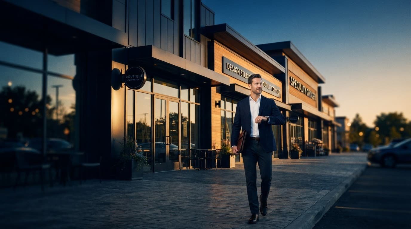 A modern retail building glowing in late afternoon light with one person near the entrance.