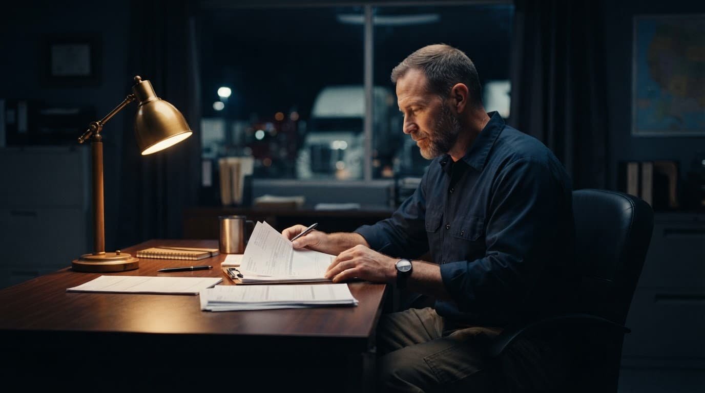 Truck driver reviewing paperwork at a wooden desk in a terminal office.