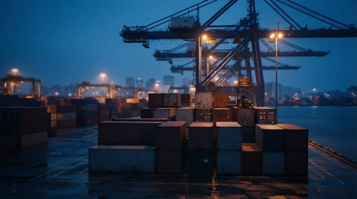 Cargo containers and cranes glow under amber lights at a twilight shipping port.