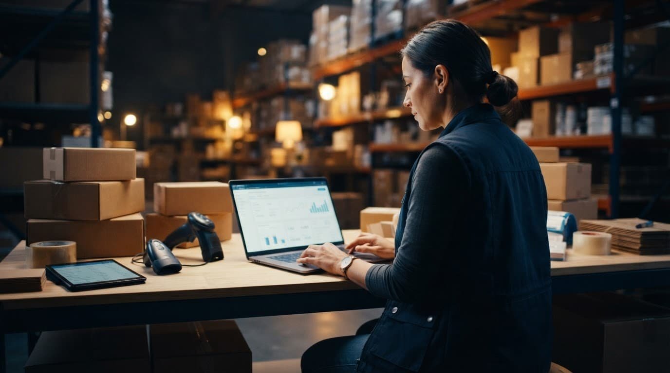 A business owner reviews inventory data beside stacked boxes and shipping supplies.