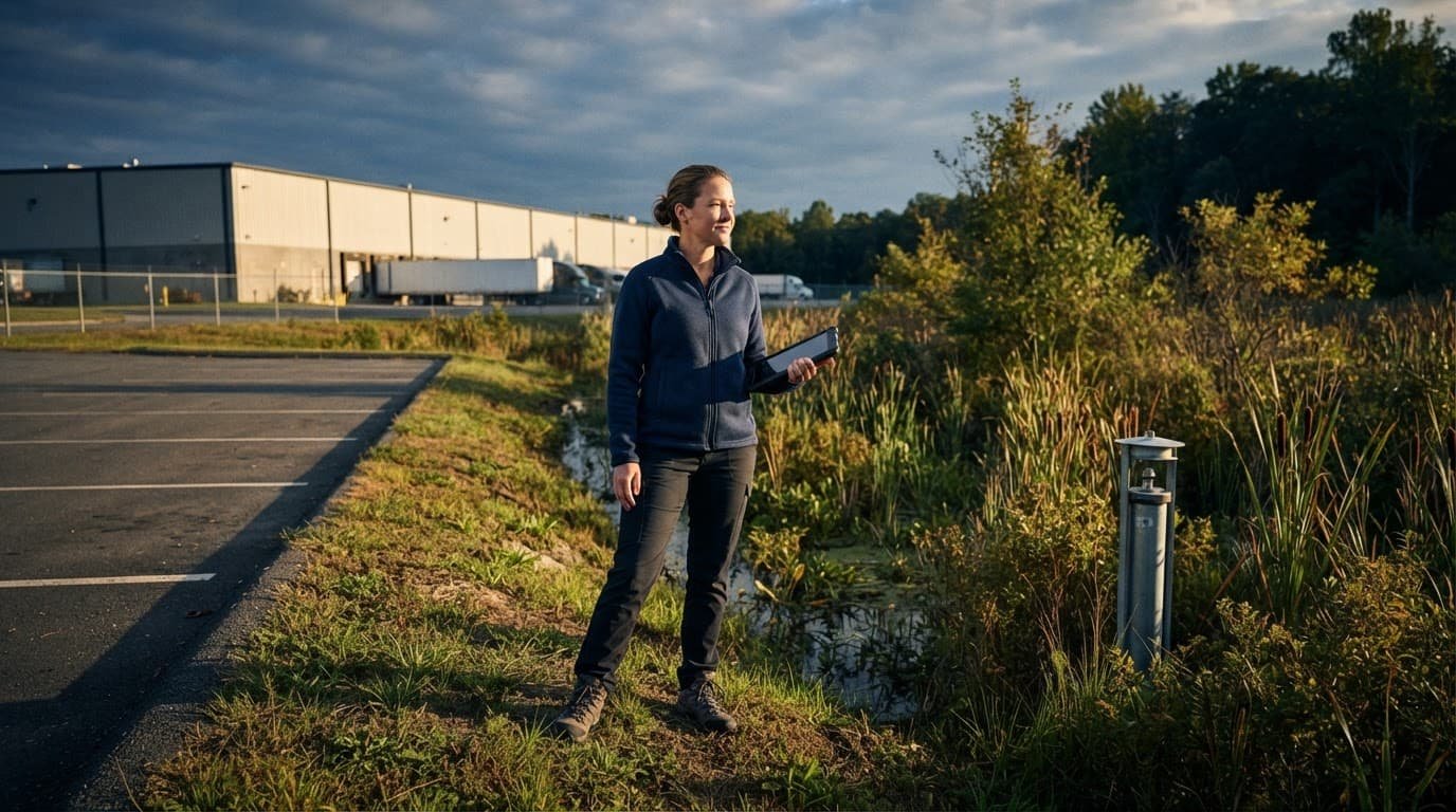An inspector surveys a drainage ditch beside a warehouse and wetland plants.