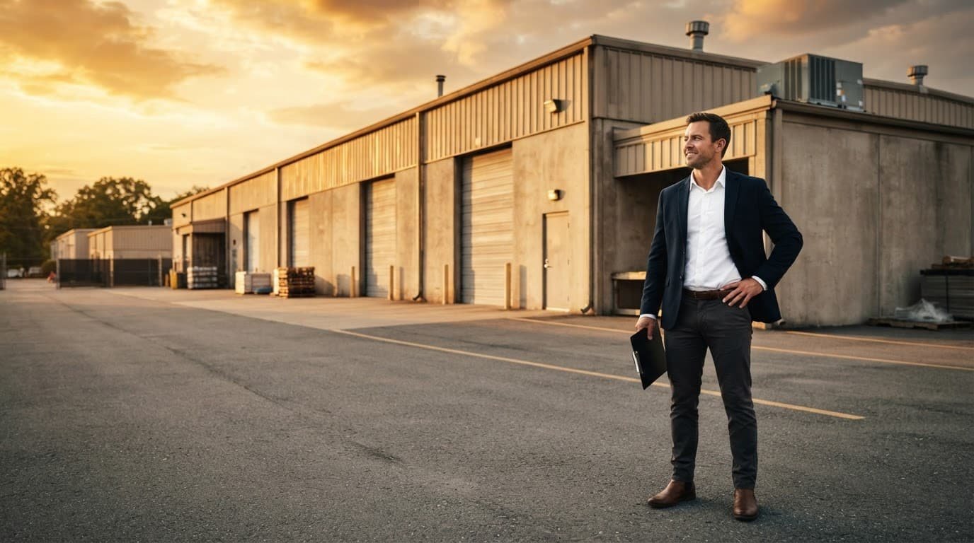 A real estate professional inspects a warehouse exterior with a clipboard.