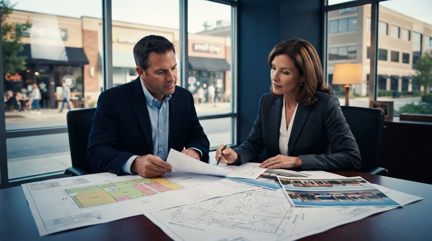 Business owner and attorney reviewing property documents beside a mixed-use building.