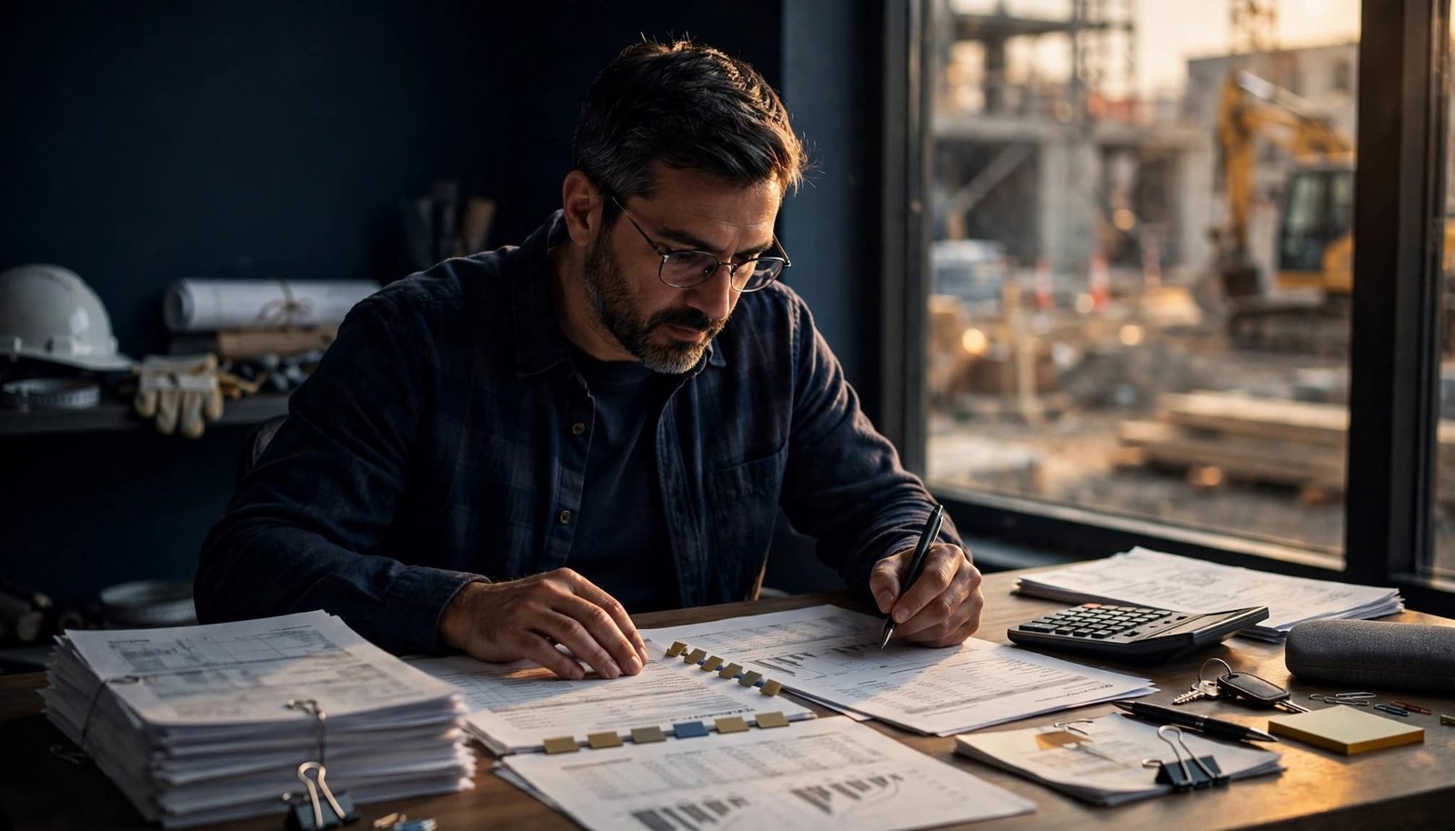 A business owner reviews papers beside a calculator.