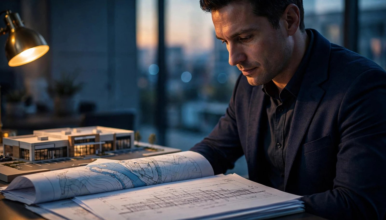 A professional reviews insurance papers and property plans at a conference table.