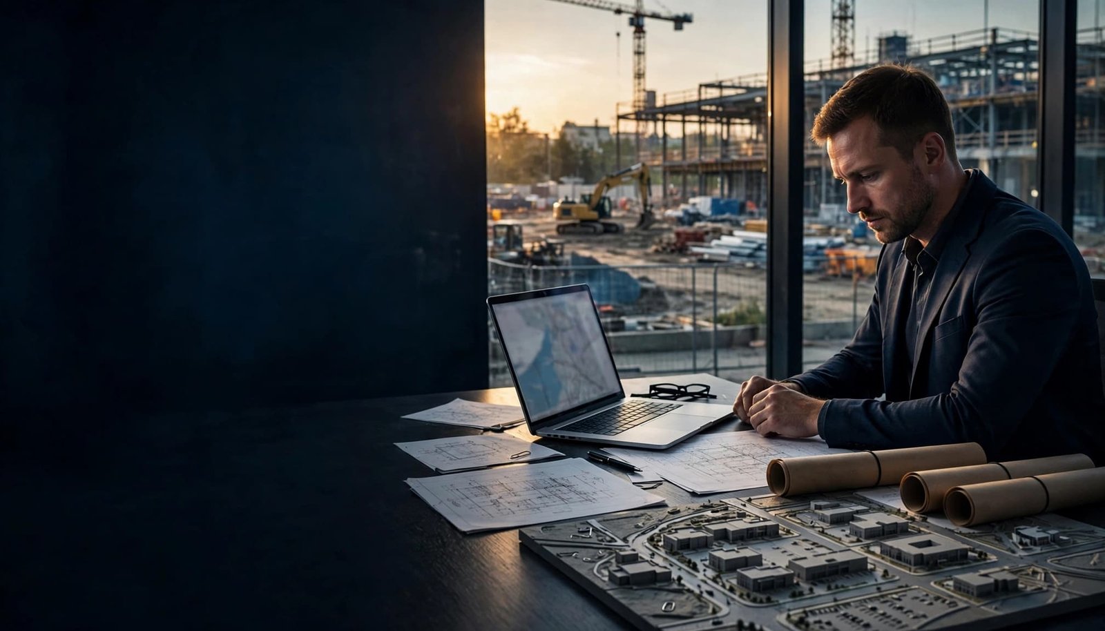 A developer reviews flood plans beside a laptop and construction model at an office desk.