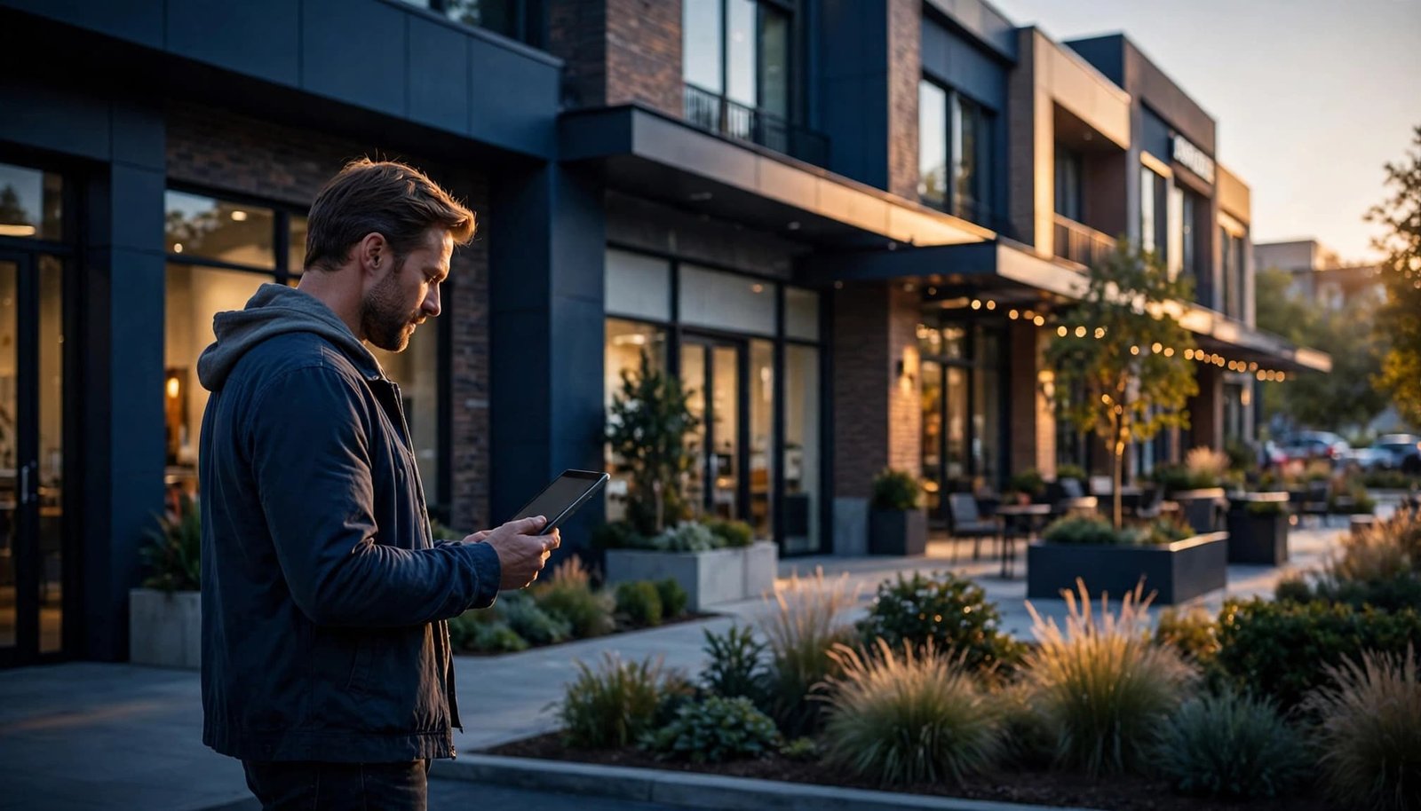 Owner holding a tablet outside a landscaped commercial property.