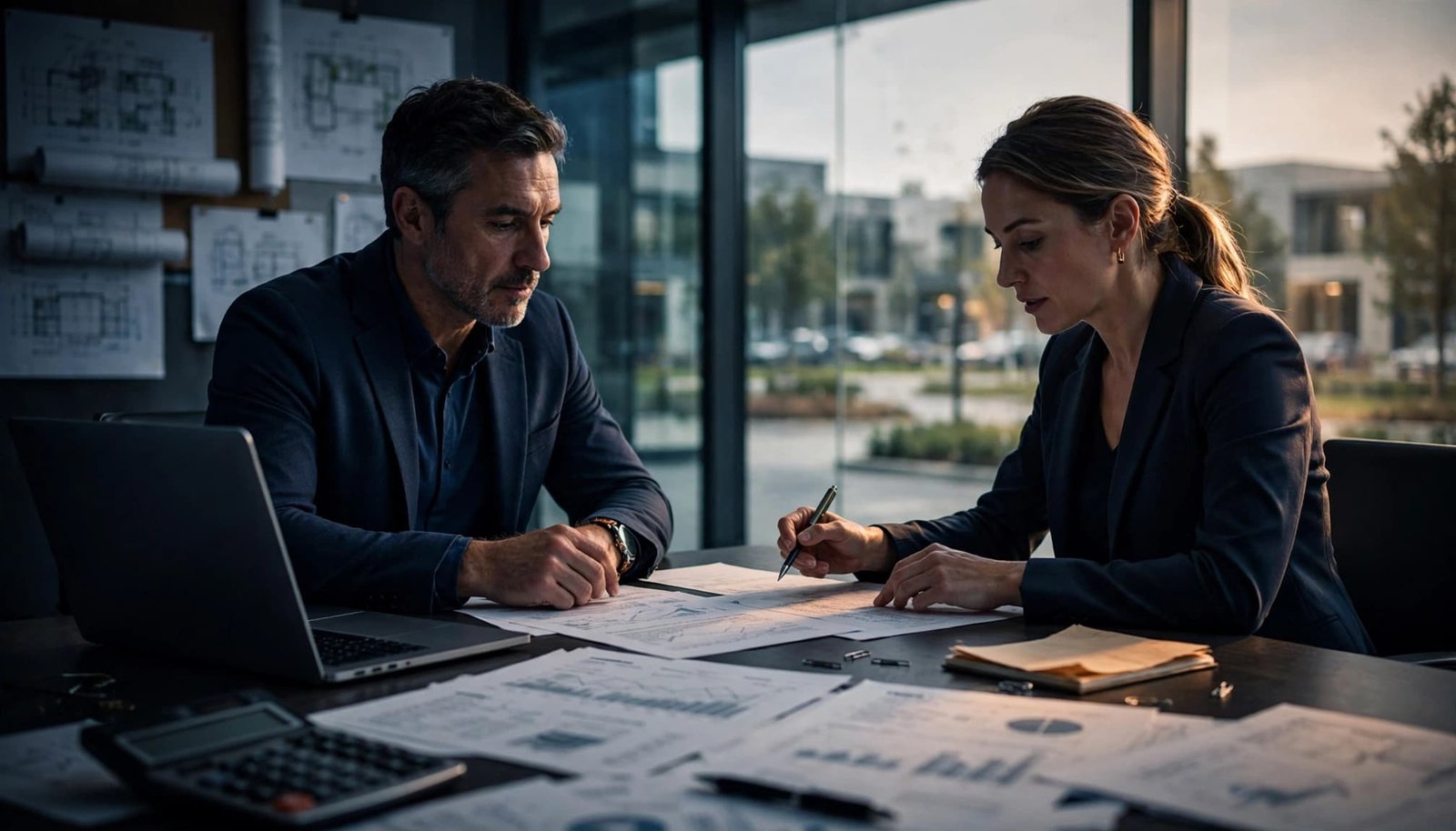 A property owner and lender review financial papers at a conference table.