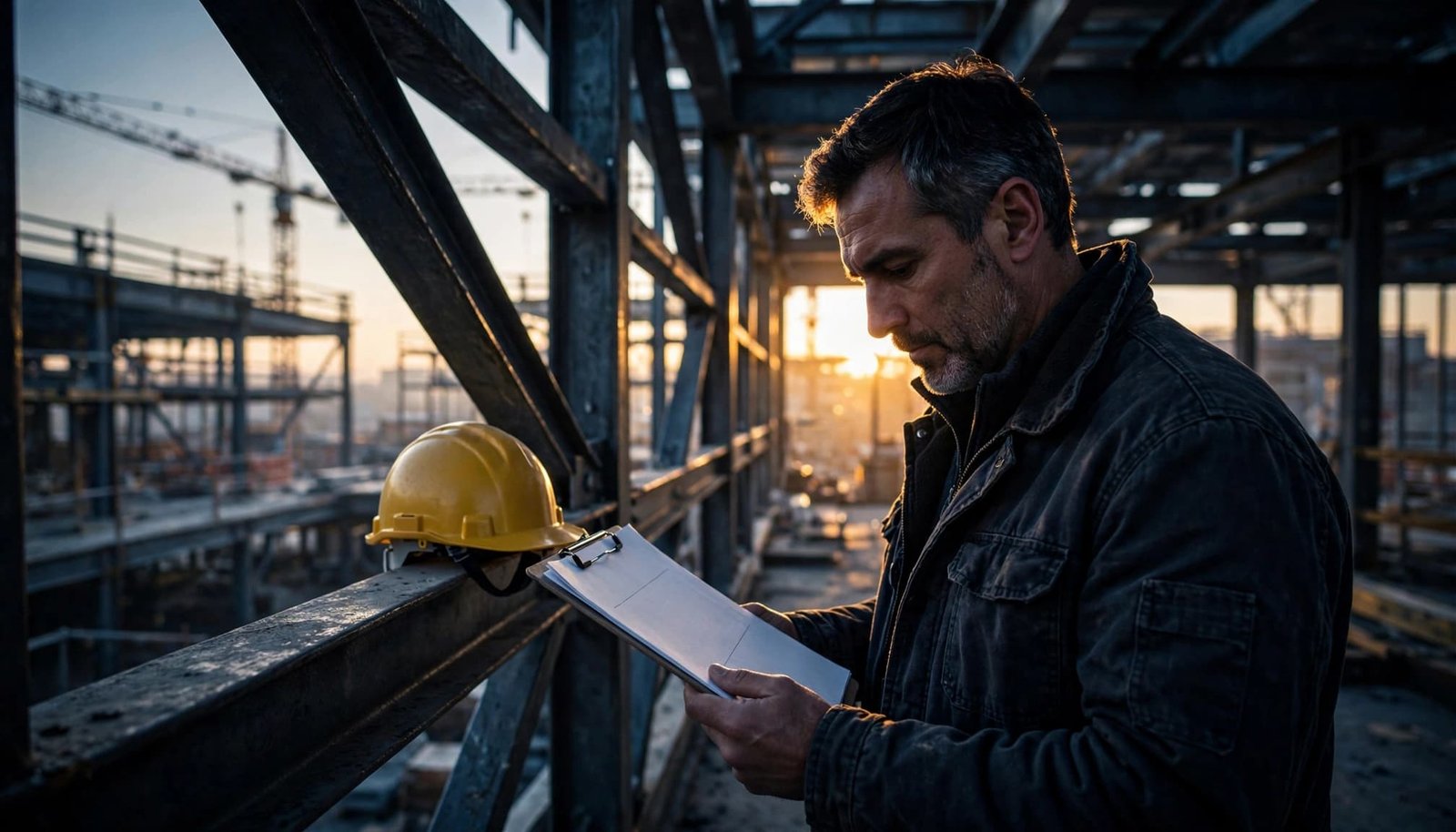 A construction owner reviews blank report papers beside a hard hat at dawn.