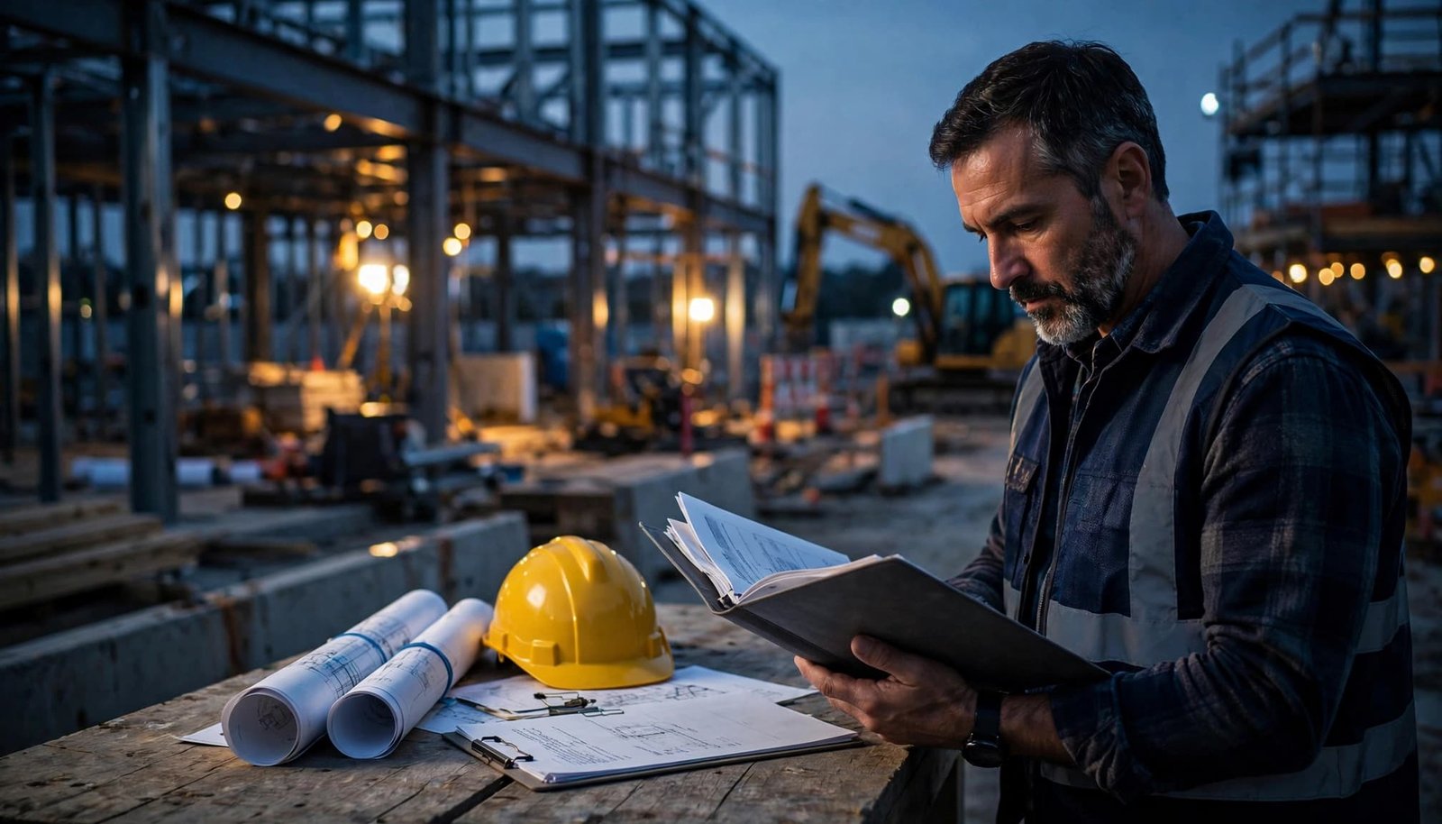 A construction owner reviews loan papers beside a hard hat and rolled plans at dusk.