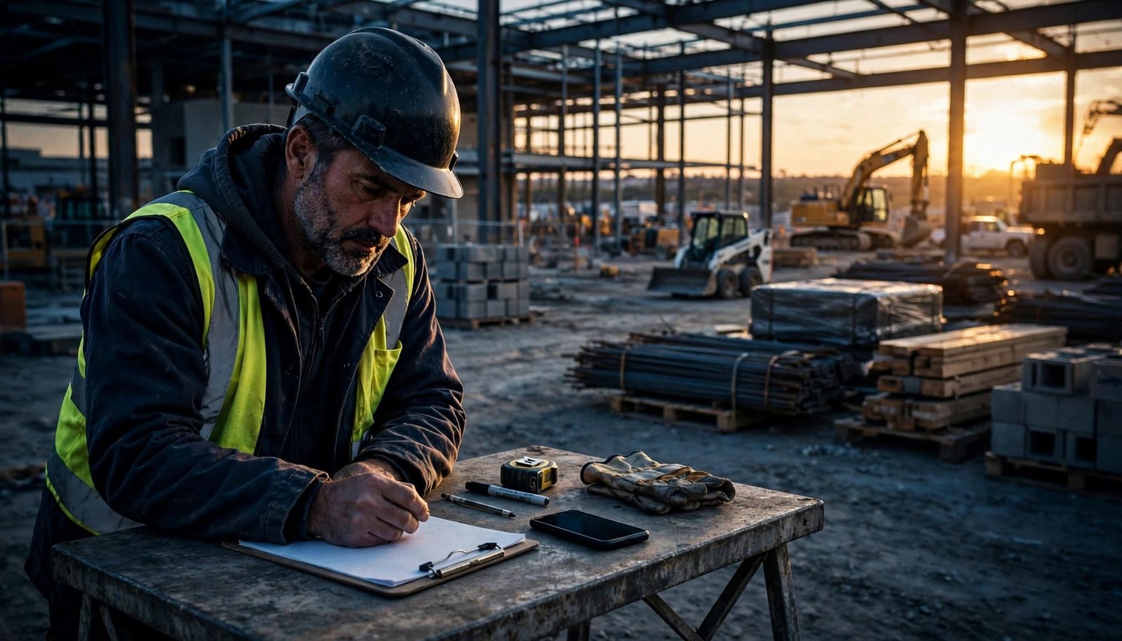A contractor reviews papers beside equipment and stacked materials at a steel construction site.