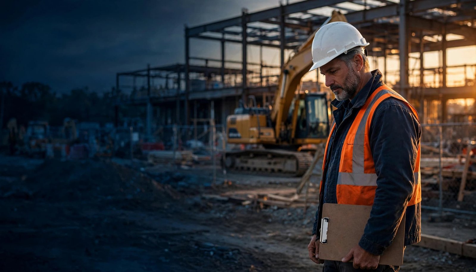 A contractor studies a clipboard beside machinery and steel framing at sunset.