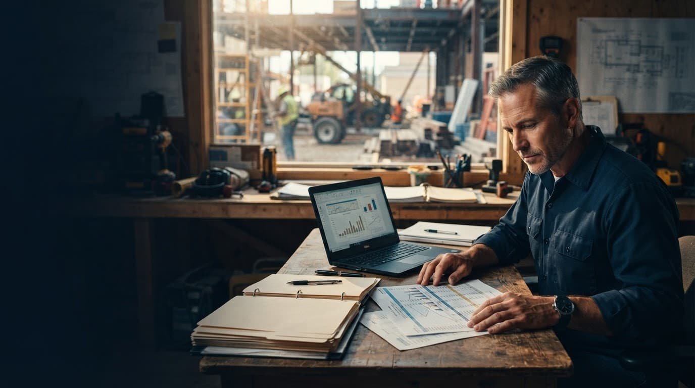 A contractor reviews paperwork beside a laptop and construction materials.