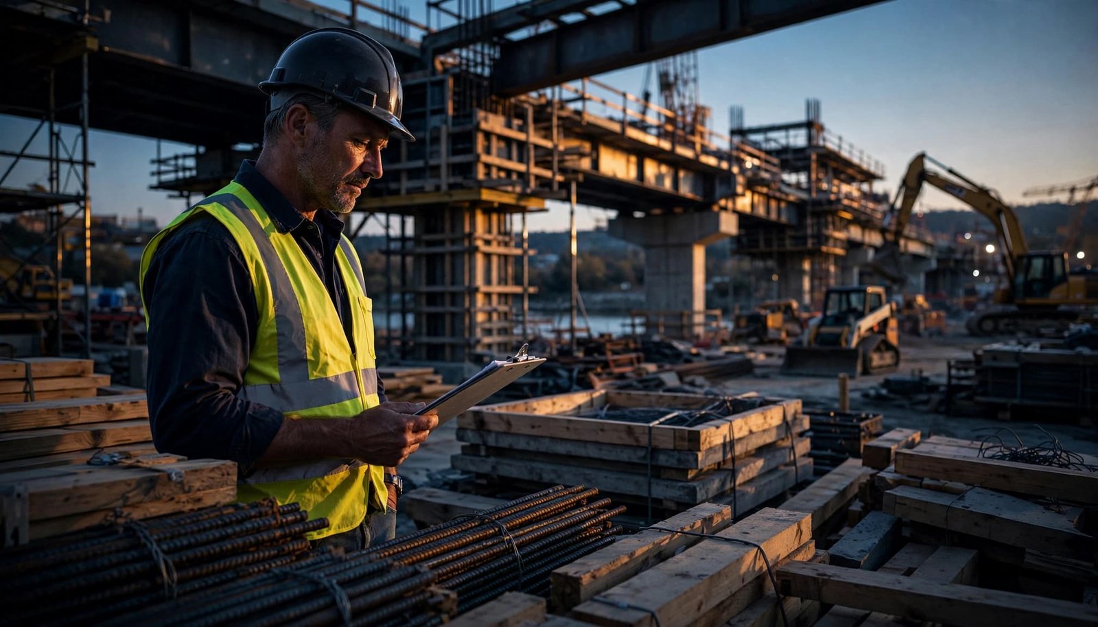 A contractor reviews a clipboard beside materials with a bridge site behind him.