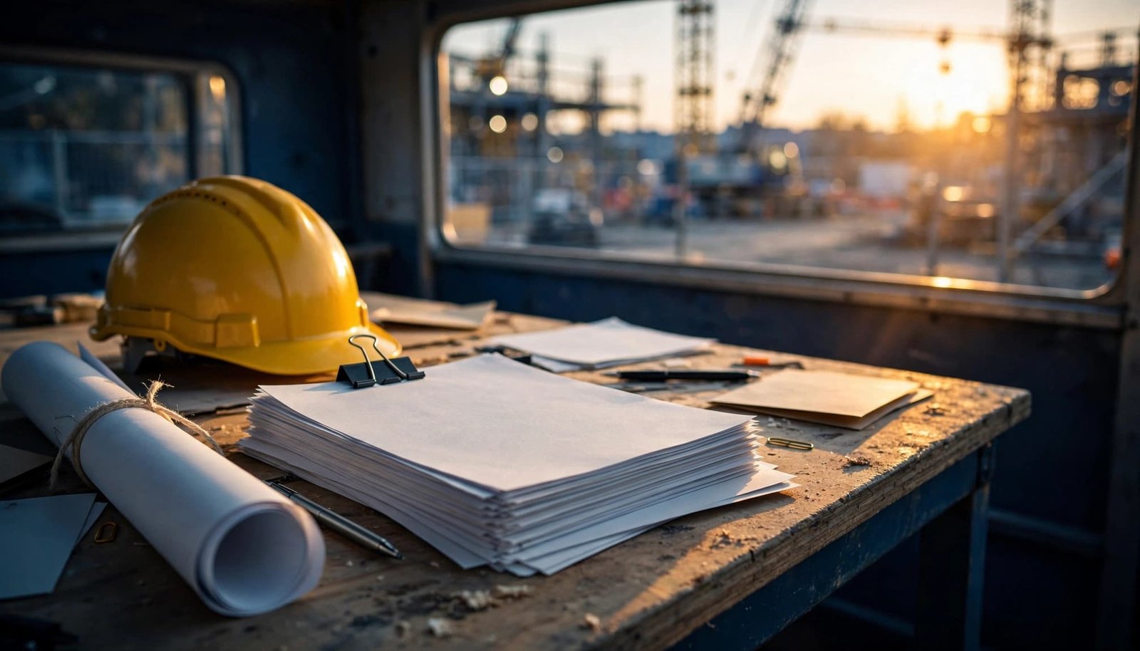 Site plans, a hard hat, and unsigned paperwork sit on a table overlooking cranes.