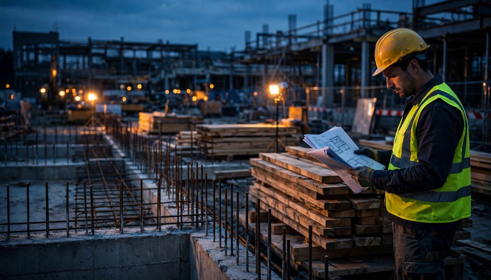 A contractor reviews plans beside lumber and a concrete foundation at dusk.