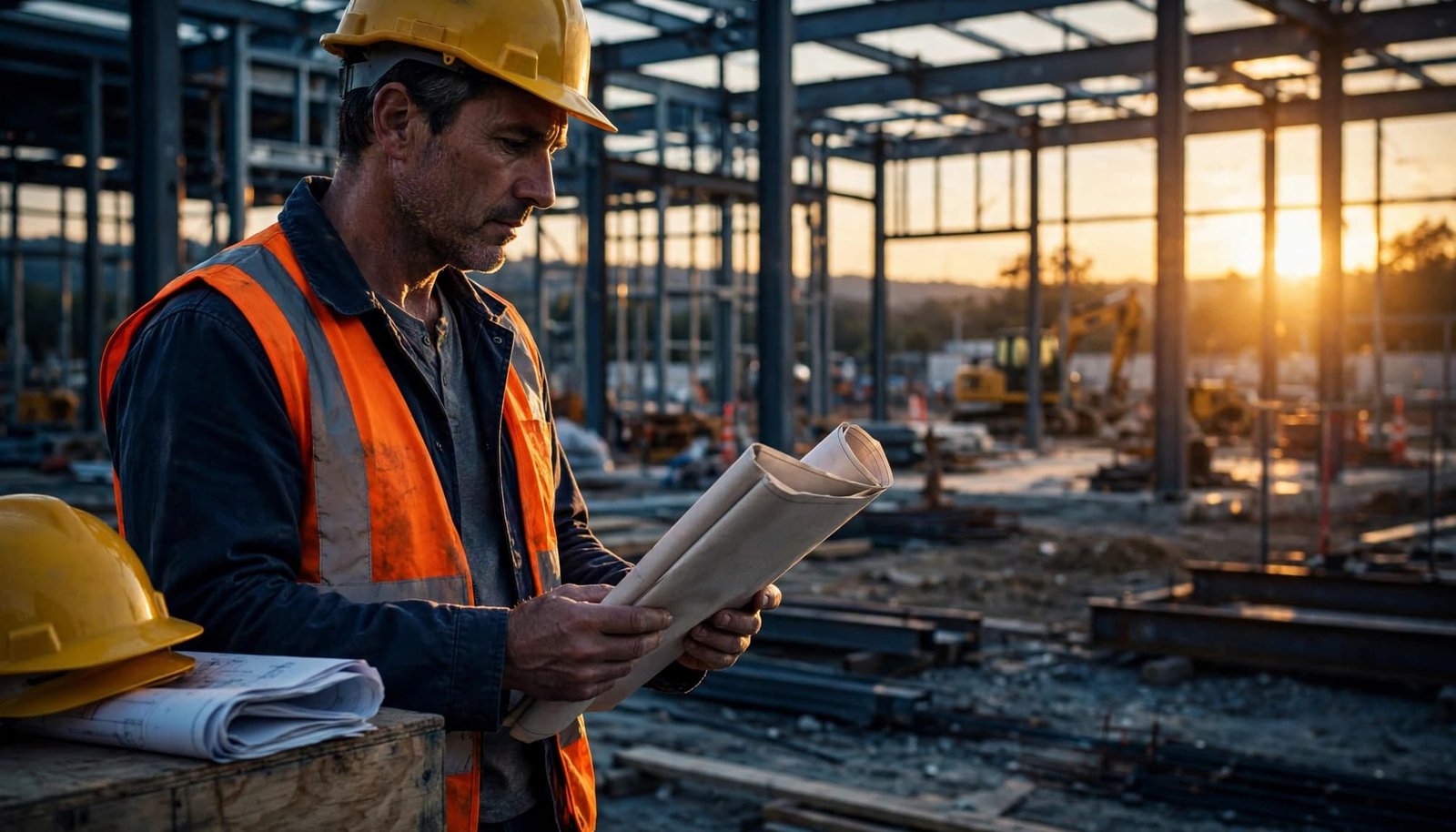 A hard-hatted contractor reviews blueprints beside steel framing at a construction site.