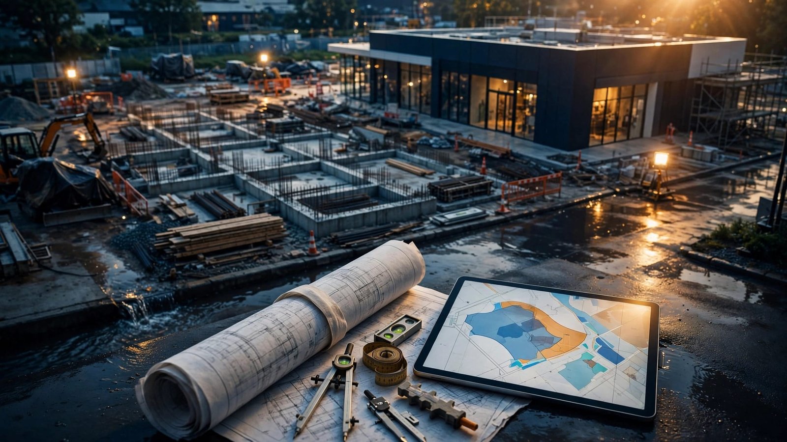 Construction plans and survey tools sit beside a retail building on wet pavement.