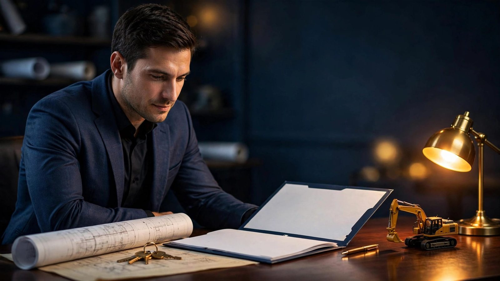 Business owner reviewing a loan folder beside blueprints, keys, and a construction model.