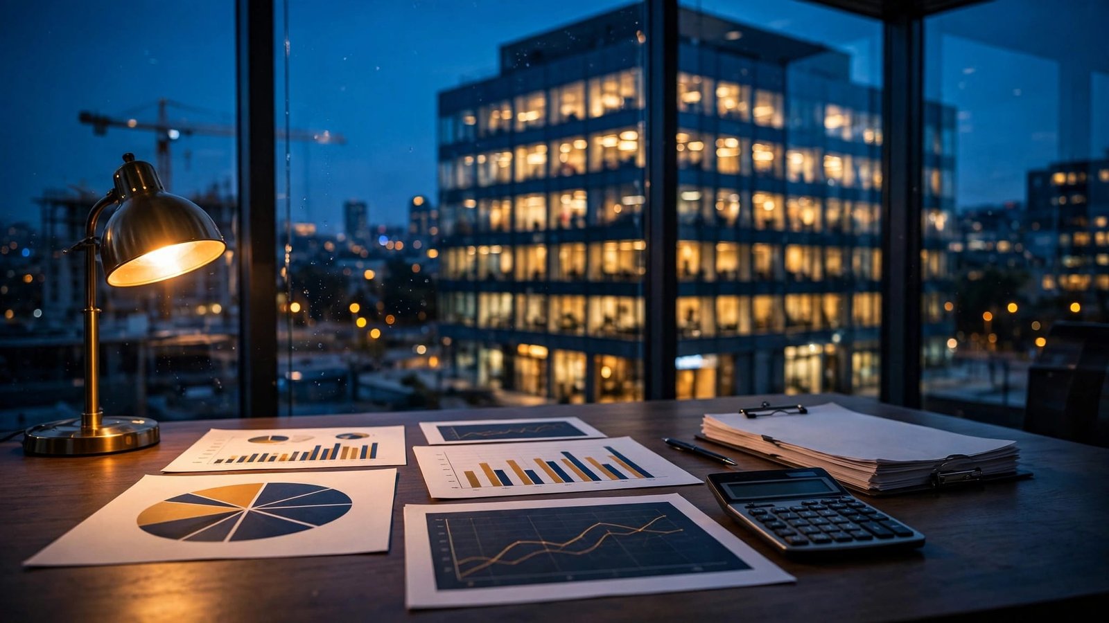 Charts, lease papers, and a calculator overlook a glowing office building.