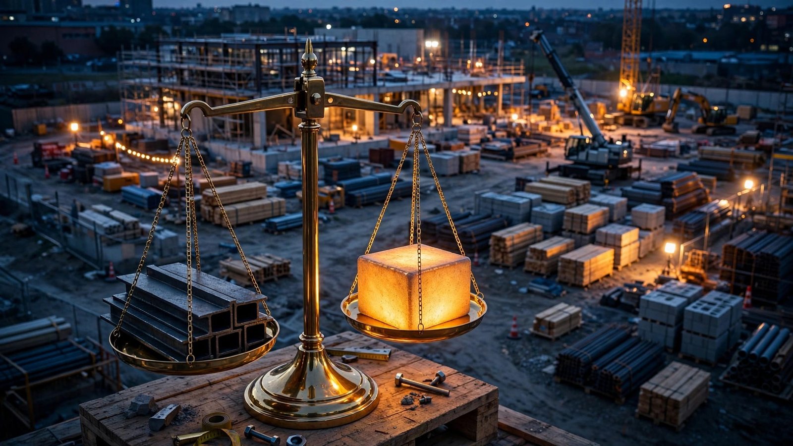 A brass scale balances steel beams and a glowing foundation block at a construction site.