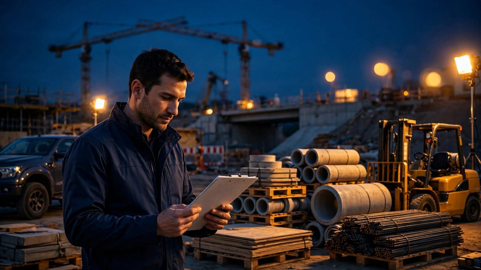 Project manager with a clipboard beside materials and a forklift at a dusk construction site.