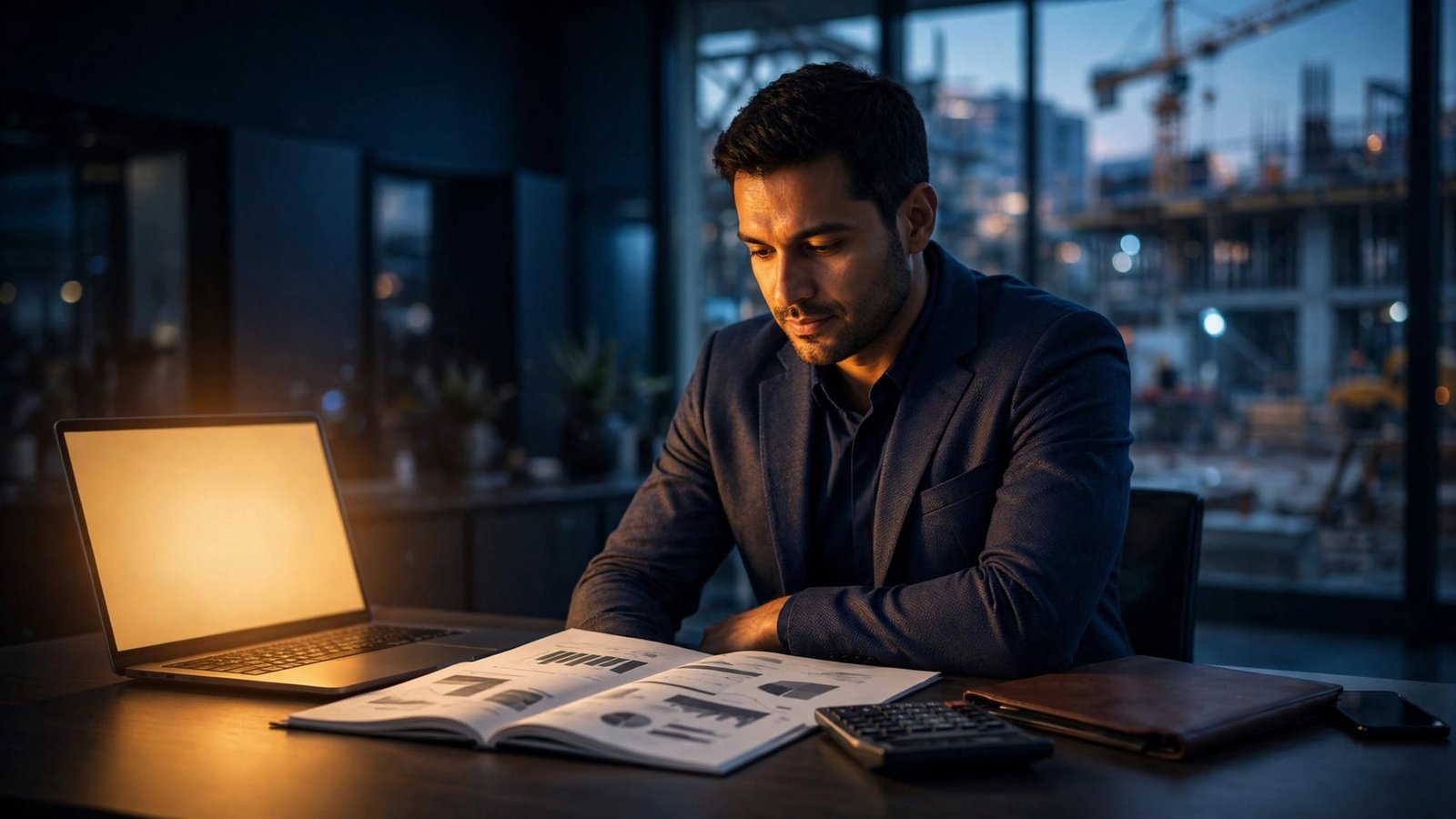 Business owner reviewing a credit report beside a calculator and smartphone.