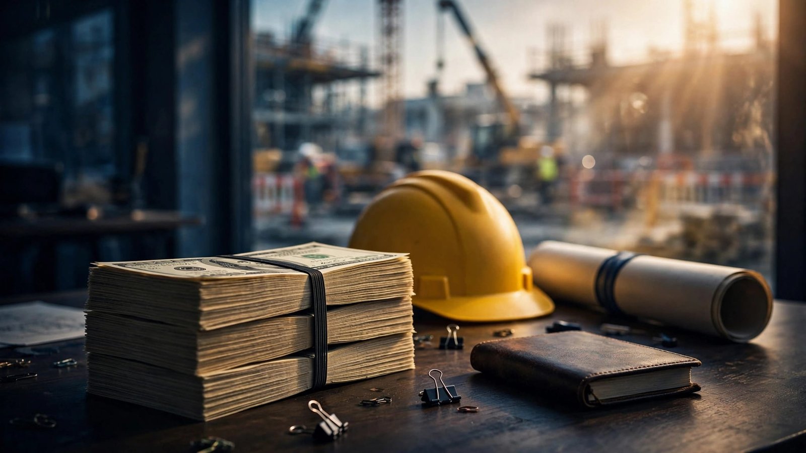 Cash, a hard hat, blueprints, and a ledger sit on a construction office desk.